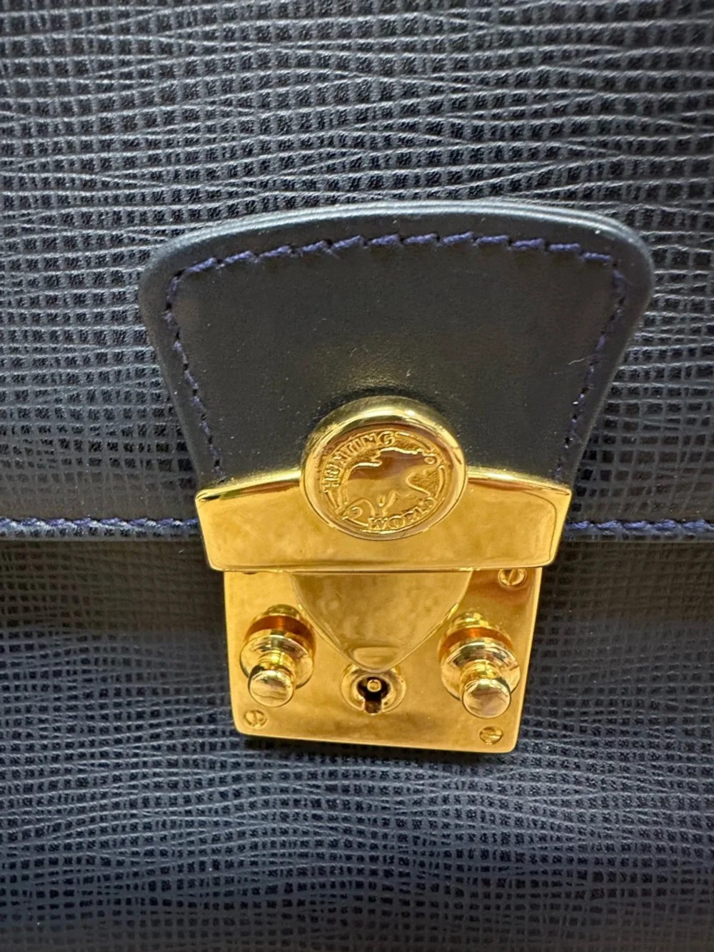 Vintage Hunting World Leather Briefcase Navy Satchel Gold Hardware Italy